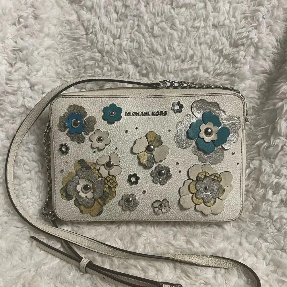 Michael Kors leather off White Floral  appliqué Crossbody Bag.